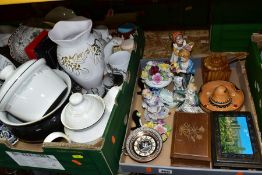 THREE BOXES OF CERAMICS, TREEN, METALWARES AND SUNDRY ITEMS, to include four figurines, two marked