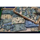 TWO BOXES OF BUILT AND PAINTED PLASTIC MODEL KITS OF SECOND WORLD WAR TANKS AND FIGURES, ETC, brands