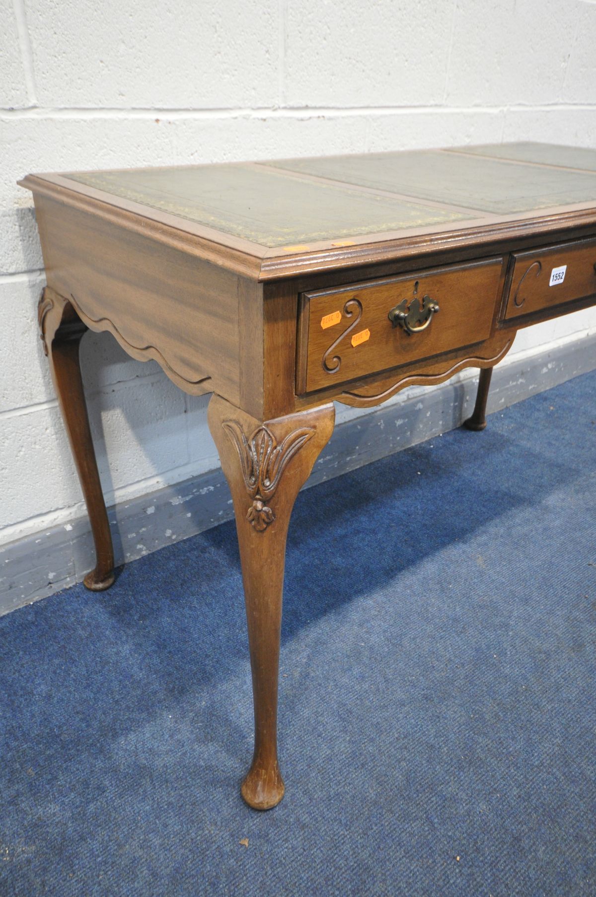 A REPRODUCTION VICTORIAN STYLE WRITING TABLE, with a triple gilt tooled and green leather inlay - Image 2 of 4