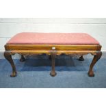 A REPRODUCTION VICTORIAN STYLE MAHOGANY DUET STOOL, with a pine upholstered drop in seat pad, on