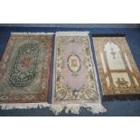 A KAYSERI STYLE WOOLLEN RUG, with greens and yellows, 127cm x 79cm, a pink chinse woollen rug and an