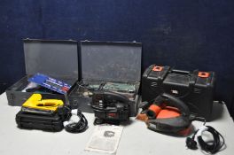 A SELECTION OF POWER TOOLS to include a cased Black and Decker KW82 electric plane, a metal case