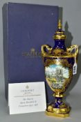 A BOXED LIMITED EDITION COALPORT TWIN HANDLED PEDESTAL COVERED VASE, The Coronation Windsor Vase, no