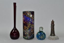 THREE PIECES OF COLOURED GLASSWARE AND A CORNISH SERPENTINE LIGHTHOUSE PAPERWEIGHT, the glass