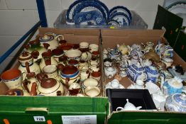 THREE BOXES OF BLUE AND WHITE CERAMICS, DEVON MOTTO WARE AND MINIATURE TEAPOTS ETC, to include