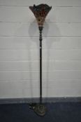 A TIFFANY STYLE STANDARD LAMP, with dragonfly upward facing shade, height 189cm