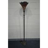 A TIFFANY STYLE STANDARD LAMP, with dragonfly upward facing shade, height 189cm
