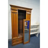 AN EDWARDIAN SATINWOOD SINGLE MIRROR DOOR WARDROBE with a single drawer, width 111cm x depth 49cm
