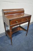 AN EDWARDIAN MAHOGANY AND CROSSBANDED LADIES WRITING DESK, the rounded back with a hinged storage