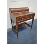 AN EDWARDIAN MAHOGANY AND CROSSBANDED LADIES WRITING DESK, the rounded back with a hinged storage