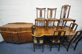 A 1940'S OAK DRAW LEAF TABLE, on acorn legs, open length 169cm x closed 107cm x depth 84cm x