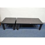 AN OAK BLACK STAINED COFFEE TABLE, length 141cm x depth 71cm x height 45cm and a matching squared