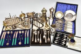 A BOX OF ASSORTED WHITE METAL WARE, to include a cased set of coffee spoons, a cased 'Mappin & Webb'