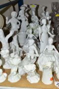 A GROUP OF WHITE CERAMIC ORNAMENTS, to include a Crown Staffordshire figure of a nesting bird (