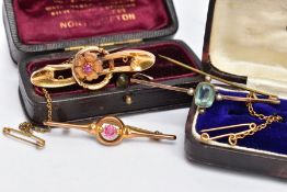 THREE EARLY 20TH CENTURY BROOCHES, 15ct gold floral brooch with safety chain, scrolling detail to