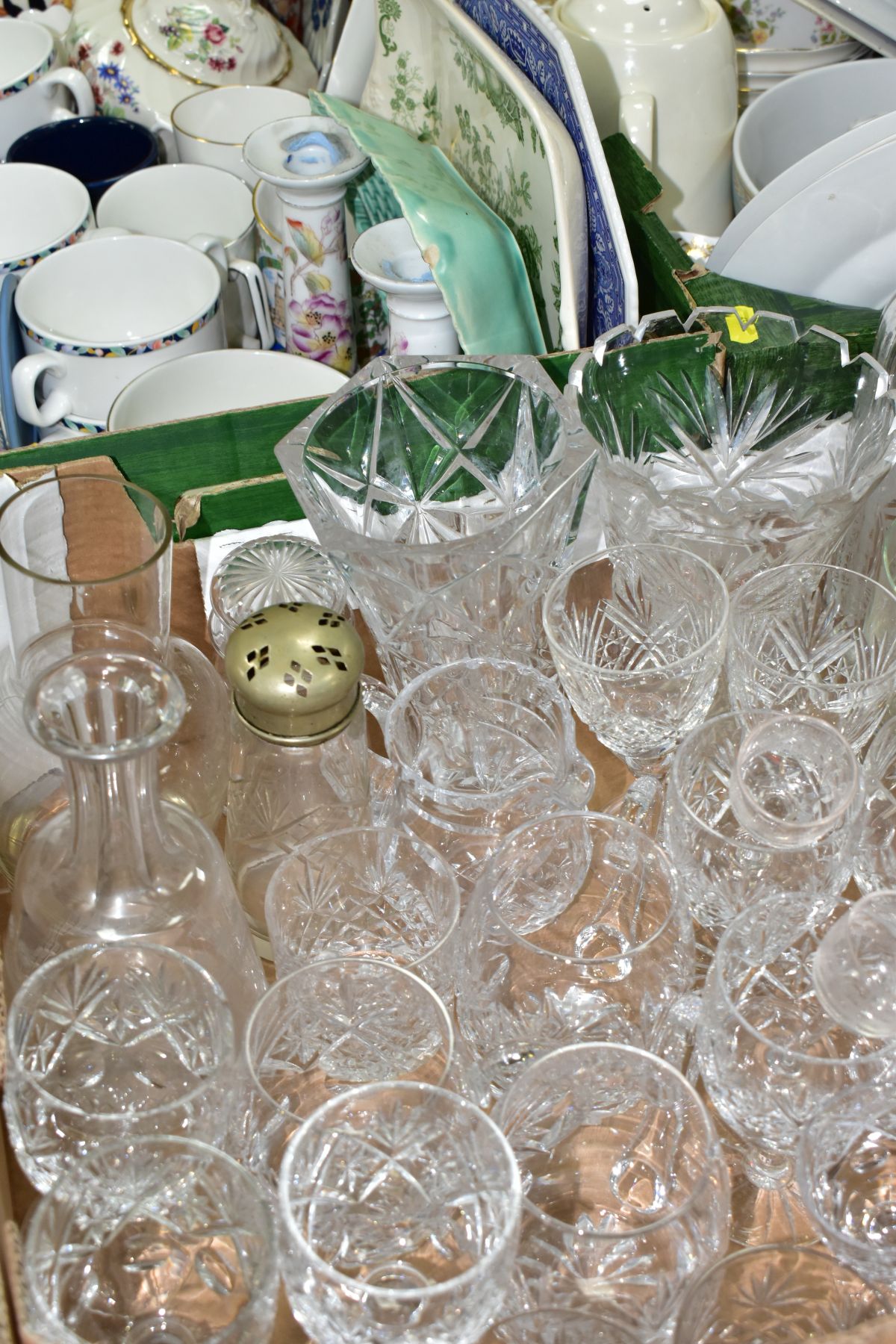 THREE BOXES OF CERAMICS AND GLASS WARES, to include cut glass and crystal drinking glasses by makers - Image 6 of 9