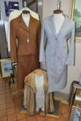 LADIES VINTAGE JAEGER SUITS AND UNBRANDED FUR COAT, comprising a grey suit, jacket size 8, skirt 10,