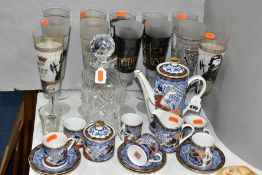 GLASSWARE & CERAMICS, comprising twelve historically themed glass goblets, a square-formed decanter,