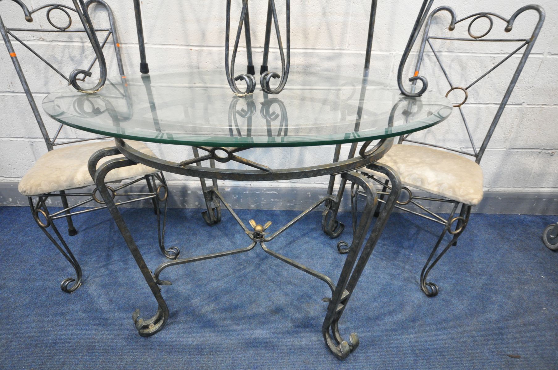 A METAL AND CIRCULAR GLASS TOPPED DINING TABLE, diameter 107cm x height 76cm, and four chairs (5) ( - Image 3 of 3