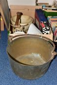 A BOX AND LOOSE KITCHENALIA, to include a brass jam kettle with iron handle diameter 36.5cm,