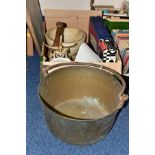 A BOX AND LOOSE KITCHENALIA, to include a brass jam kettle with iron handle diameter 36.5cm,