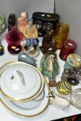 A GROUP OF CERAMICS, GLASS, METAL WARES, BINOCULARS AND WALKING STICKS, to include twenty two items,