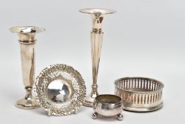 A SELECTION OF SILVER ITEMS, to include two silver posy vases each with a weighted circular base,