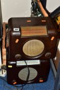 TWO BAKELITE CASED BUSH RADIOS, A PICNIC HAMPER WITH CONTENTS AND A MODERN FRAMED PRINT,