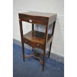 A GEORGIAN MAHOGANY SERPENTINE WASHSTAND, with a hinged top and single drawer, width 40cm x depth