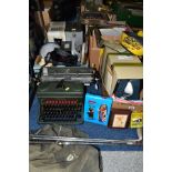 THREE BOXES AND LOOSE TYPEWRITER, SHOES, CDS, RECORDS, PICTURES, VINTAGE DUPLICATING MACHINE,