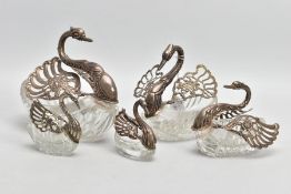 FIVE CUT GLASS SILVER AND WHITE METAL SWAN CONDIMENT DISHES, all dishes varying in size, four with