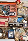 A BOX OF ASSORTED ITEMS, to include various pieces of costume jewellery, such as an amethyst