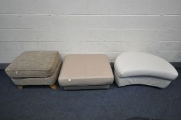 A BEIGE UPHOLSTERED FOOTSTOOL on beech legs, along with two leather footstools, and seven various