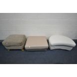 A BEIGE UPHOLSTERED FOOTSTOOL on beech legs, along with two leather footstools, and seven various