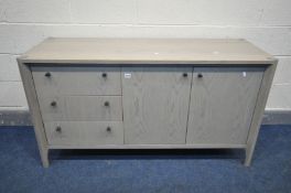 A WINSOR ARTISAN OAK SIDEBOARD, with a grey oil finish, comprising of three drawers besides double