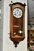 A LATE 19TH CENTURY WALNUT CASED WALL CLOCK, white enamel dial with Roman numerals, 8 day