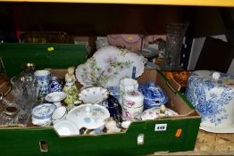 TWO BOXES AND LOOSE CERAMICS AND GLASSWARES, to include a Crown Devon Fieldings cheese dome and