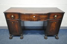 A GEORGE IV MAHOGANY PEDESTAL SIDEBOARD, with one short and two long frieze drawers, with brass