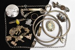 A PARCEL OF SILVER AND WHITE METAL JEWELLERY, to include a silver charm bracelet, suspending seven