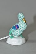 A HEREND PORCELAIN DUCK, in green colourway, impressed no 5022 to base and blue factory mark. height