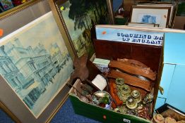 TWO BOXES AND LOOSE PICTURES, METAL WARES AND SUNDRY ITEMS, to include a pair of brass