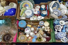 SIX BOXES OF CERAMICS AND GLASS ETC, to include John Lewis Christmas mugs in tin cannisters,