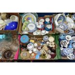 SIX BOXES OF CERAMICS AND GLASS ETC, to include John Lewis Christmas mugs in tin cannisters,