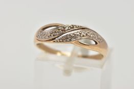 A 9CT GOLD DIAMOND RING, openwork design set with single cut diamond detail, plain polished band,