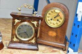 TWO MANTEL CLOCKS, comprising a late 19th/early twentieth century inlaid domed mantel clock with