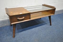 A 1950'S/60'S G PLAN COFFEE TABLE, with a glass insert and single drawer, length 89cm x depth 41cm x