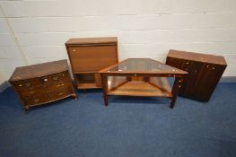 A REPRODUCTION BOWFRONT BURR WALNUT CHEST OF TWO SHORT OVER THREE DRAWERS, a teak corner glass top