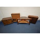 A REPRODUCTION BOWFRONT BURR WALNUT CHEST OF TWO SHORT OVER THREE DRAWERS, a teak corner glass top