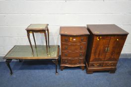 A TALL MAHOGANY CHEST OF FOUR DRAWERS, width 51cm x depth 39cm x height 84cm, a mahogany two door