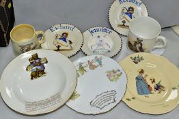EIGHT PIECES OF ASSORTED VINTAGE NURSERY CERAMICS, comprising three Poole pottery plates painted
